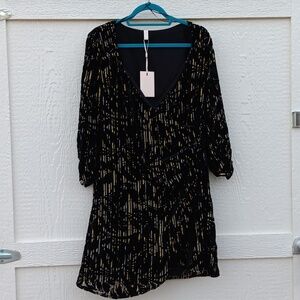 New YAS Yasrita 3/4 Sleeve Black & Gold Floral Print Midi Dress Womens Sz Large